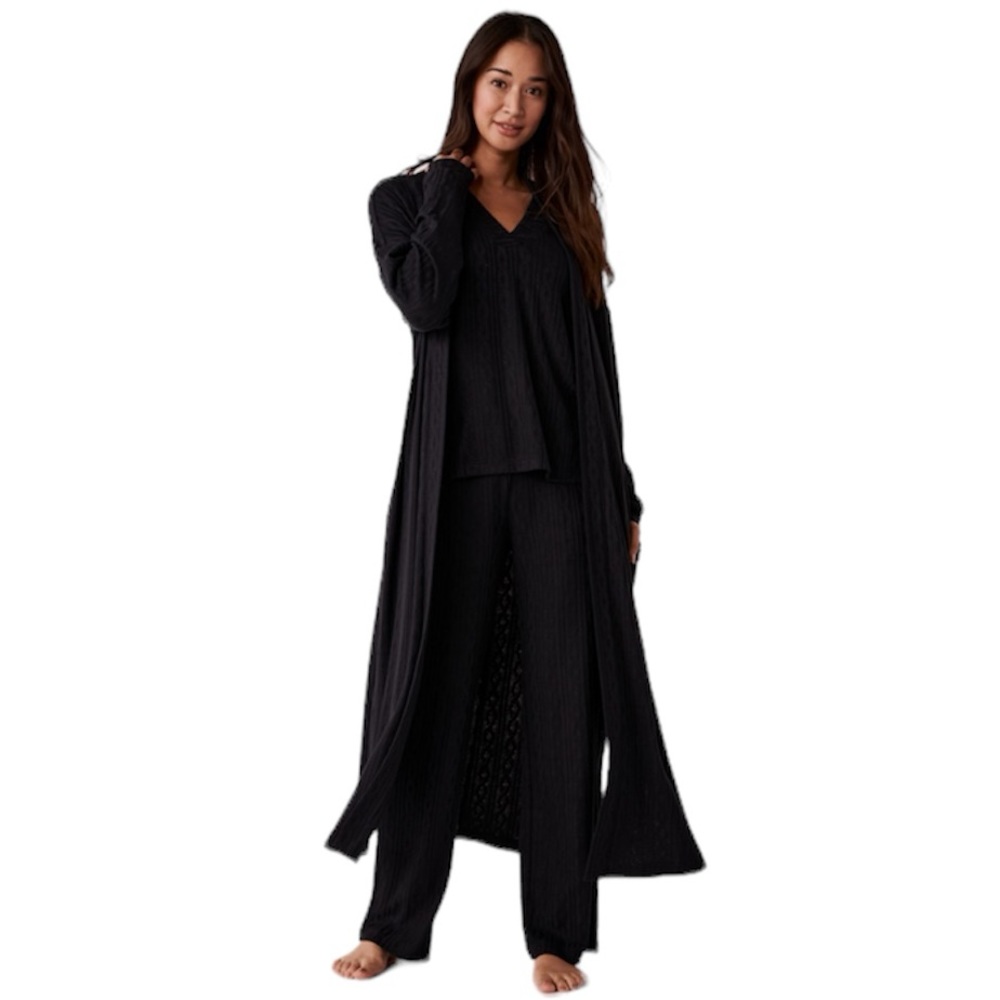 La Vie En Rose Black Ribbed Knit Long Cardigan Set